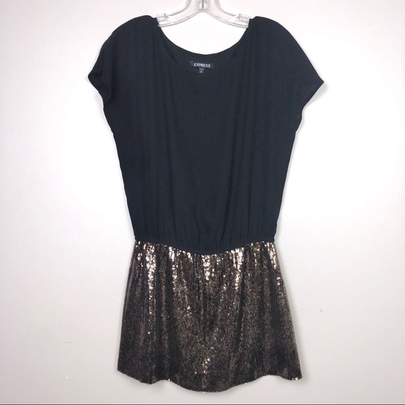 Express Y2K Blouson Mini Dress Black Drop Waist Copper Gold Sequin Skirt Size XS - Picture 4 of 8